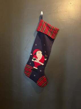 Vintage Oversize Large Santa and Bired Plaid Trim Christmas Stocking